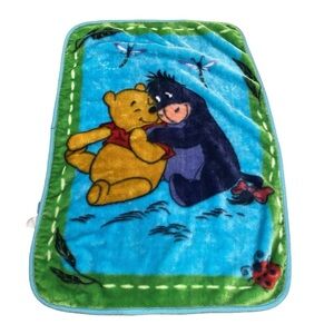 Disney Winnie the Pooh Eeyore Blue Green Trim Baby Crib Fleece Blanket